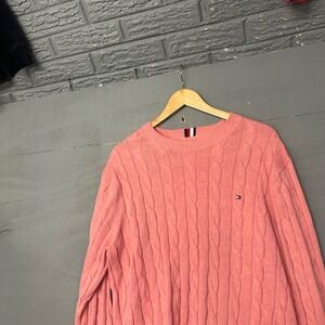 Tommy Hilfiger Mens XL Salmon Pink Cable Knit Crewneck Sweater Long Sleeve Logo